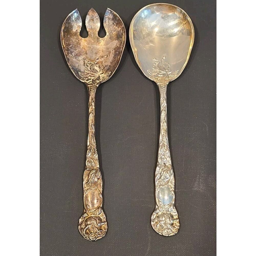 WA Italy Silverplate Salad Serving Spoon & Fork Set Floral Bridal Pattern 9.5"
